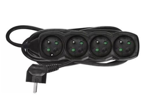prodlužovací kabel 3m, 4 zásuvky černý 10A 1mm2