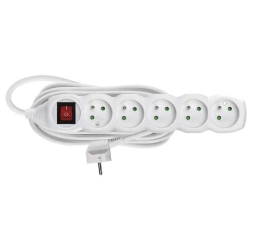 prodlužovací kabel 3m, 5 zásuvek s vypínačem bílý 16A 1,5mm2