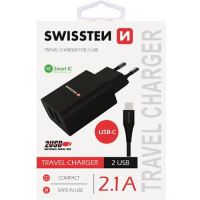Swissten nabíječka 5V 2X2,1A černá USB-C kabel