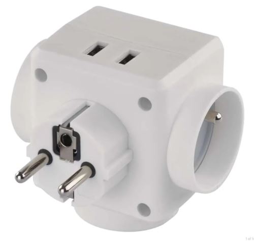 průchozí zásuvka 3x kulatá + adaptér 2x USB-A
