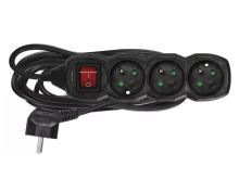prodlužovací kabel 1,5m, 3 zásuvky s vypínačem černý 16A 1mm2