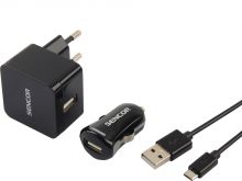 napáječ 5V/2A USB SENCOR BLACK + AUTO-USB - napáječ 2A + uUSB kabel černá