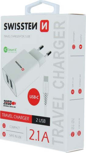 Swissten nabíječka 5V 2X2,1A bílá USB-C kabel