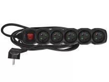 prodlužovací kabel 2m, 5 zásuvek s vypínačem černý 16A 1mm2
