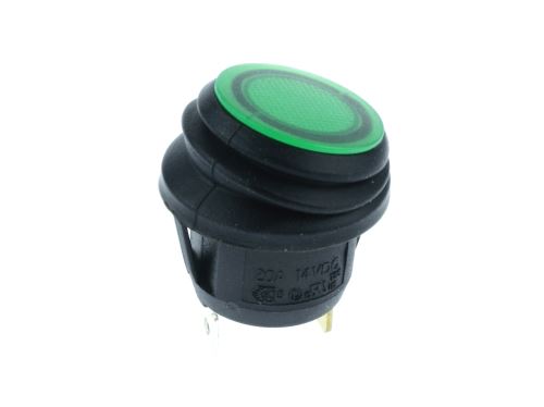 voděodolný kolébkový vypínač OFF-ON 3piny 14V/20A + LED zelená IP65